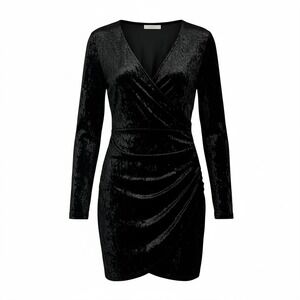 Tea & Cup Black Crushed Velvet Long Sleeve Ruched V-Neck Mini Dress Medium